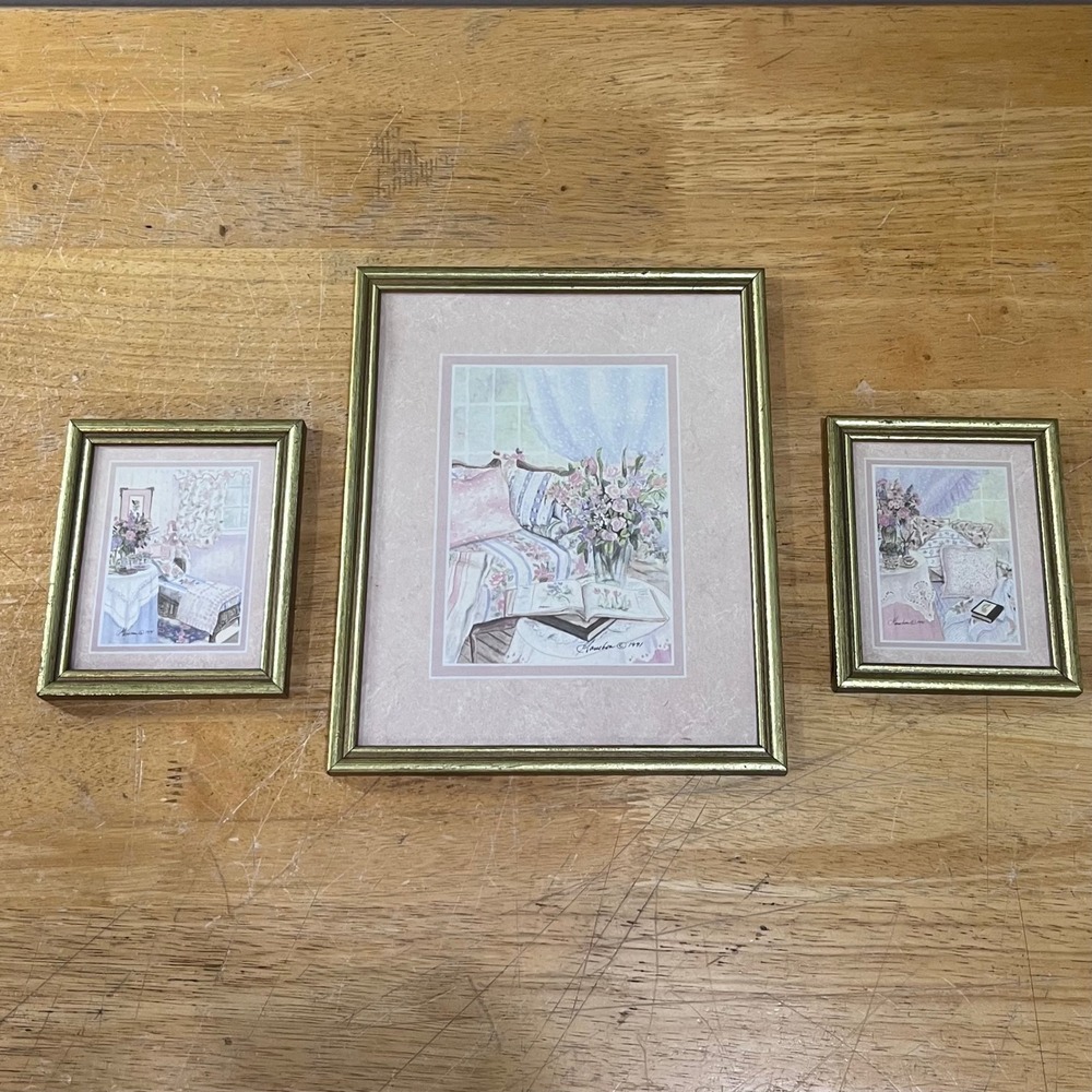 Vtg‎ 1991 Homebon Bedding Floral Interior Art Prints 3 Gold Framed Cottagecore